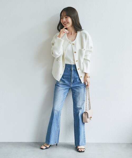 La boutique BonBon(ラブティックボンボン)の「【再販・軽く羽織れる】ブークレ接結ニットジャケットカーディガン(ノーカラージャケット・レディース・ブラック/ピンク/オフホワイト・FREE)」の10枚目の写真