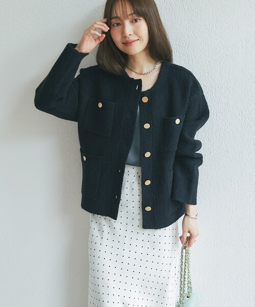 La boutique BonBon(ラブティックボンボン)の「【再販・軽く羽織れる】ブークレ接結ニットジャケットカーディガン(ノーカラージャケット・レディース・ブラック/ピンク/オフホワイト・FREE)」の11枚目の写真
