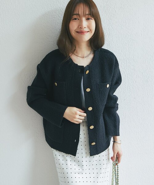 La boutique BonBon(ラブティックボンボン)の「【再販・軽く羽織れる】ブークレ接結ニットジャケットカーディガン(ノーカラージャケット・レディース・ブラック/ピンク/オフホワイト・FREE)」の14枚目の写真