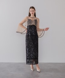 【LEJA】チュールフレアスリーブスパンコールIラインワンピースドレス2点セット美脚効果結婚式 パーティードレス 成人式 二次会 同窓会 お呼ばれ オケージョン 20代 30代