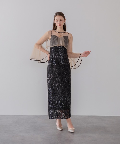 Leja(レジャ)の「【LEJA】チュールフレアスリーブスパンコールIラインワンピースドレス2点セット美脚効果結婚式 パーティードレス 成人式 二次会 同窓会 お呼ばれ オケージョン 20代 30代(ドレス・レディース・ブラック/グレー・MEDIUM/SMALL)」の2枚目の写真