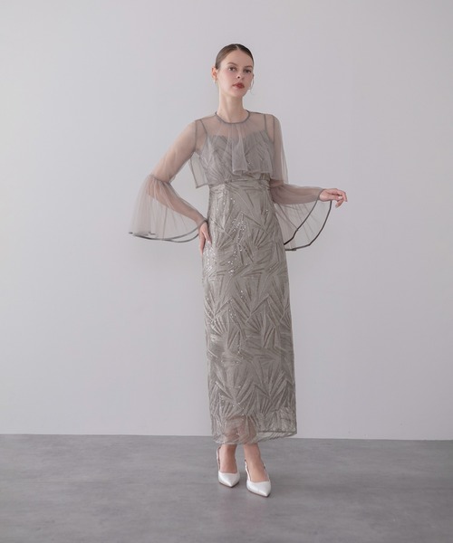 Leja(レジャ)の「【LEJA】チュールフレアスリーブスパンコールIラインワンピースドレス2点セット美脚効果結婚式 パーティードレス 成人式 二次会 同窓会 お呼ばれ オケージョン 20代 30代(ドレス・レディース・ブラック/グレー・MEDIUM/SMALL)」の3枚目の写真