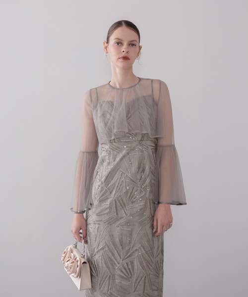 Leja(レジャ)の「【LEJA】チュールフレアスリーブスパンコールIラインワンピースドレス2点セット美脚効果結婚式 パーティードレス 成人式 二次会 同窓会 お呼ばれ オケージョン 20代 30代(ドレス・レディース・ブラック/グレー・MEDIUM/SMALL)」の4枚目の写真
