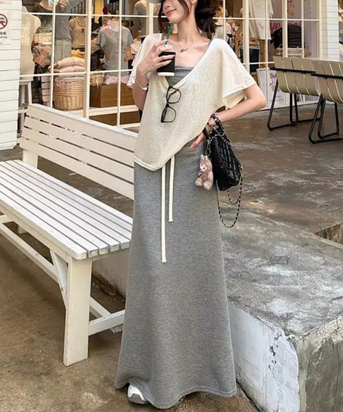 Girly Doll(ガーリードール)の「【セットアップ】Uネック半袖カットソー&キャミソール&ロングスカート(セットアップ・レディース・グレー・L/M)」の3枚目の写真