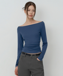 ウィメンズウールテンセルオフショルダー長袖Tシャツ[ミッドナイトブルー]