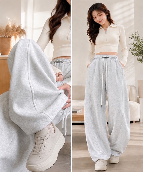 GRESHEL(グレッシェル)の「ルーズシルエット カーブスウェットパンツ / ワイドパンツ(スウェットパンツ・レディース・ホワイト/ライトグレー/ブラック/ダークグレー・X-LARGE/MEDIUM/SMALL/LARGE)」の1枚目の写真