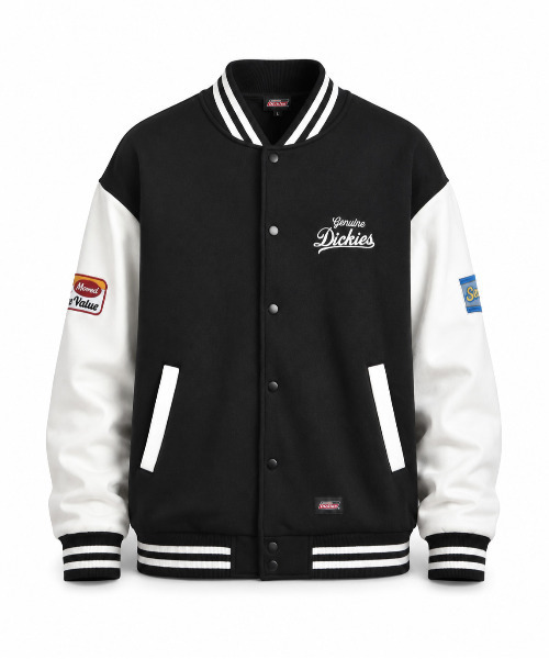 Dickies(ディッキーズ)の「【Genuine Dickies/ジェニュインディッキーズ】サガラ刺繍ビッグロゴ ポンチスタジャン/ルーズシルエット 配色ワッペンブルゾン ユニセックス(スタジャン・メンズ・ブラック/ネイビー・MEDIUM/X-LARGE/LARGE)」の2枚目の写真