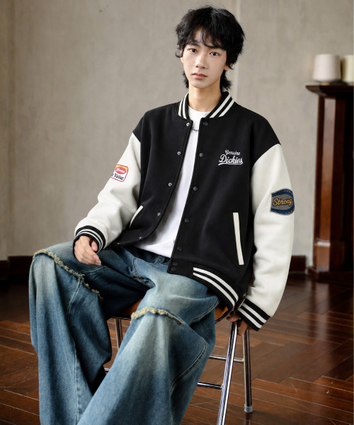 Dickies(ディッキーズ)の「【Genuine Dickies/ジェニュインディッキーズ】サガラ刺繍ビッグロゴ ポンチスタジャン/ルーズシルエット 配色ワッペンブルゾン ユニセックス(スタジャン・メンズ・ブラック/ネイビー・MEDIUM/X-LARGE/LARGE)」の5枚目の写真