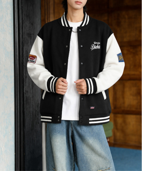 Dickies(ディッキーズ)の「【Genuine Dickies/ジェニュインディッキーズ】サガラ刺繍ビッグロゴ ポンチスタジャン/ルーズシルエット 配色ワッペンブルゾン ユニセックス(スタジャン・メンズ・ブラック/ネイビー・MEDIUM/X-LARGE/LARGE)」の7枚目の写真