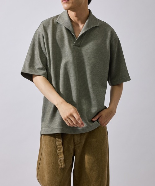 j.n.r.d(ジェー・エヌ・アール・ディー)の「メランジイタリアンカラーカットポロ(Tシャツ/カットソー・メンズ・モスグリーン/ベージュ・L/M/LL)」の2枚目の写真