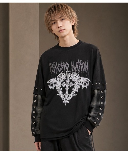 Sakka(サッカ)の「PSYCHO NATION フェイクレイヤードロングTシャツ(Tシャツ/カットソー・メンズ・ブラック系/ブラック・MEDIUM/LARGE)」の2枚目の写真