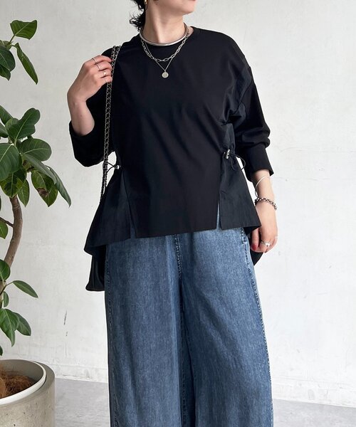 un dix cors(アンディコール)の「長袖異素材ドッキングプルオーバー(Tシャツ/カットソー・レディース・ブラック/チャコールグレー/グレイッシュベージュ・FREE)」の2枚目の写真