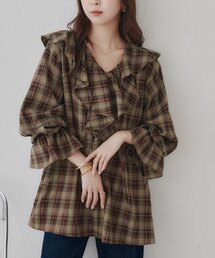 【WEB限定】チェックラッフルブラウス
