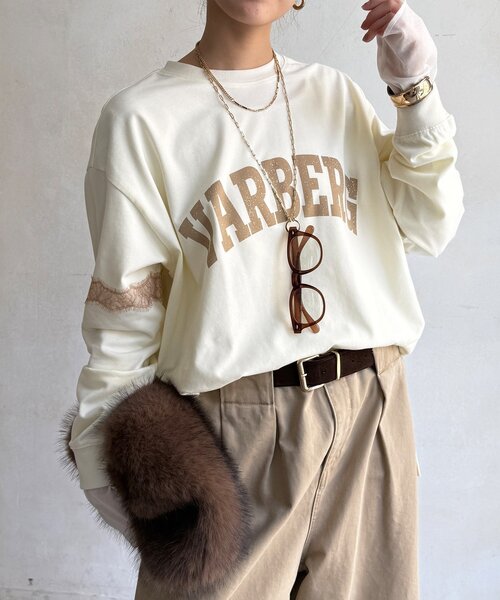 DouDou(ドゥドゥ)の「【WEB限定】袖レース切替ロゴTEE(Tシャツ/カットソー・レディース・ネイビー/オフホワイト/ブラック・FREE)」の1枚目の写真