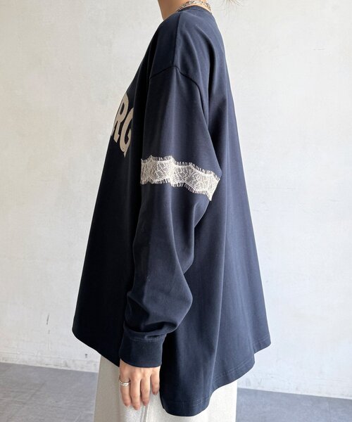 DouDou(ドゥドゥ)の「【WEB限定】袖レース切替ロゴTEE(Tシャツ/カットソー・レディース・ネイビー/オフホワイト/ブラック・FREE)」の12枚目の写真