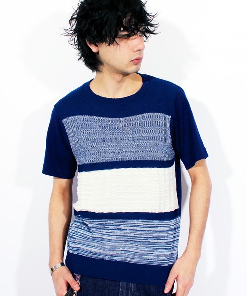 ８(eight)（エイト）の「ボーダー ニット 切替 半袖Tシャツ（Tシャツ/カットソー・メンズ・ホワイト/ブラック/ネイビー・LARGE/X-LARGE/MEDIUM）」の3枚目の写真