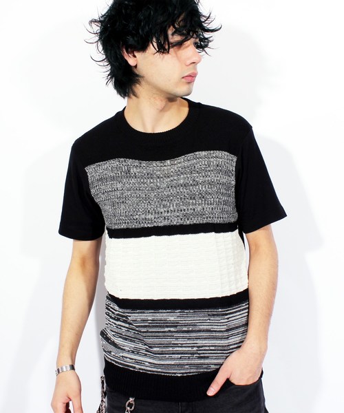 ８(eight)（エイト）の「ボーダー ニット 切替 半袖Tシャツ（Tシャツ/カットソー・メンズ・ホワイト/ブラック/ネイビー・LARGE/X-LARGE/MEDIUM）」の2枚目の写真