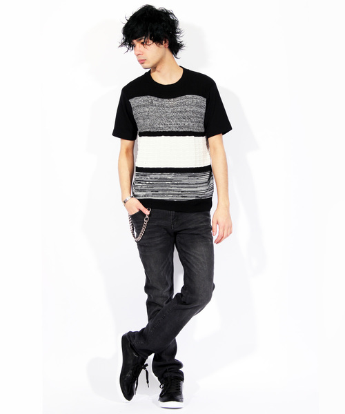 ８(eight)（エイト）の「ボーダー ニット 切替 半袖Tシャツ（Tシャツ/カットソー・メンズ・ホワイト/ブラック/ネイビー・LARGE/X-LARGE/MEDIUM）」の5枚目の写真