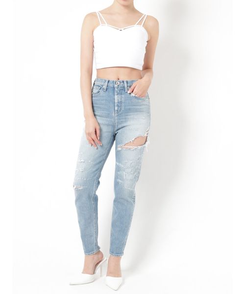 GYDA(ジェイダ)の「GROUNGE DAMAGE ペグトップデニムパンツ(デニムパンツ・レディース・ライトブルー/ブルー・SMALL/MEDIUM/X-SMALL)」の12枚目の写真