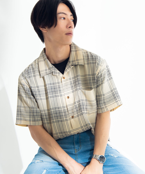 WEGO(ウィゴー)の「WEGO/チェック開襟ポプリンシャツ(シャツ/ブラウス・メンズ・ブラック/ベージュ/ブラウン・MEDIUM/LARGE)」の3枚目の写真