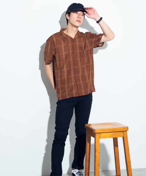 WEGO(ウィゴー)の「WEGO/チェック開襟ポプリンシャツ(シャツ/ブラウス・メンズ・ブラック/ベージュ/ブラウン・MEDIUM/LARGE)」の4枚目の写真