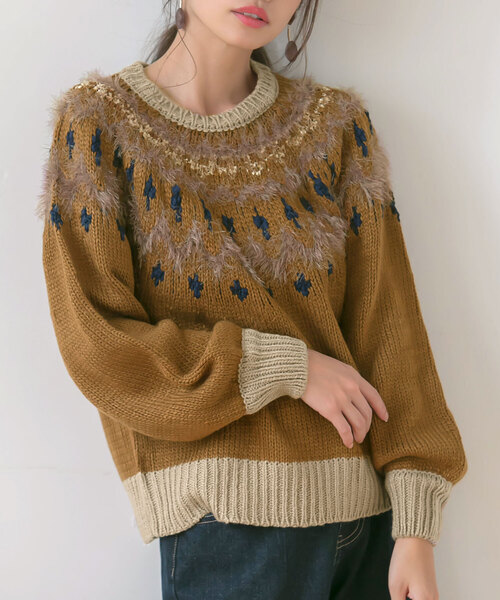 rectangle(レクタングル)の「ノルディックニットトップス(ニット/セーター・レディース・ベージュ/ブラウン/オフホワイト/グレー/ネイビー・FREE)」の3枚目の写真