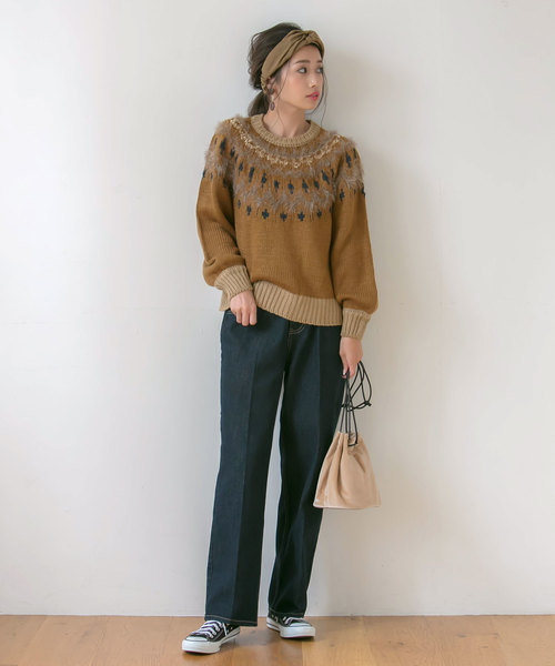 rectangle(レクタングル)の「ノルディックニットトップス(ニット/セーター・レディース・ベージュ/ブラウン/オフホワイト/グレー/ネイビー・FREE)」の8枚目の写真