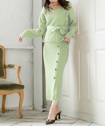 3点セット・ウエストリボントップス×サイドボタンスカートセットアップ/20623