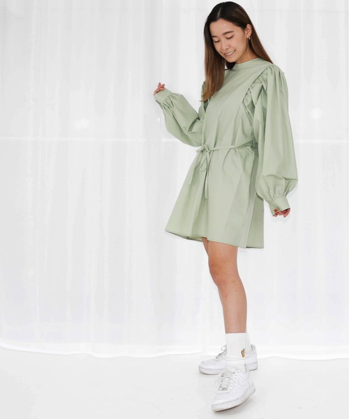 Per sist ence（パーシエンス）の「2WAY ボリュームスリーブ コットン チュニックブラウス/ミニワンピ（ワンピース・レディース・ブラック/パープル/オフホワイト/グリーン/ベージュ・FREE）」の6枚目の写真