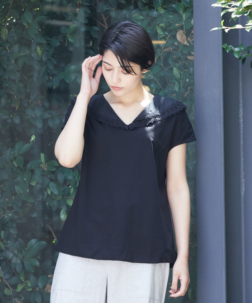 今シーズン注目 レース付きビッグカラートップス 半袖 Tシャツ カットソー Lourmarin ルールマラン のファッション Claire Lourmarin ルールマラン のtシャツ カットソー Tシャツ カットソー 安心の日本製