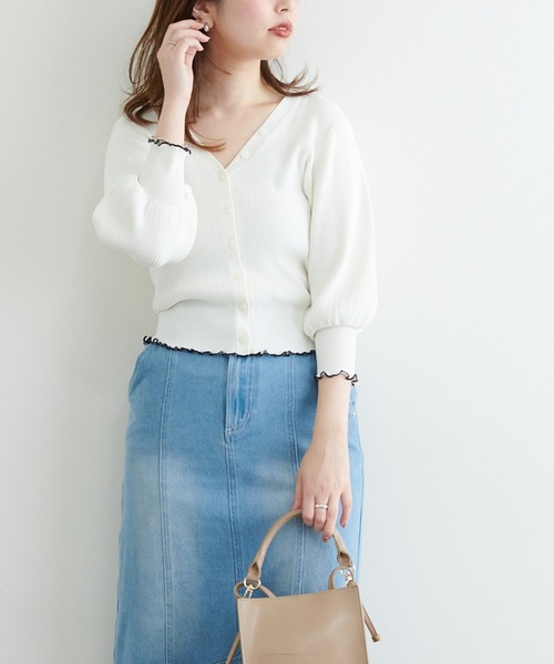 natural couture(ナチュラルクチュール)の「袖口メローショート丈リブカーデ(ニット/セーター・レディース・オフホワイト/ブラウン/ピンク/ブラック・FREE)」の8枚目の写真