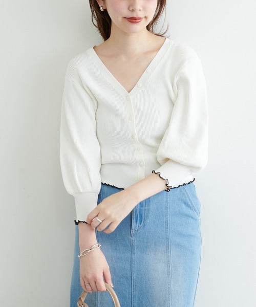 natural couture(ナチュラルクチュール)の「袖口メローショート丈リブカーデ(ニット/セーター・レディース・オフホワイト/ブラウン/ピンク/ブラック・FREE)」の9枚目の写真