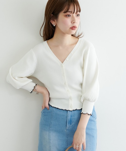 natural couture(ナチュラルクチュール)の「袖口メローショート丈リブカーデ(ニット/セーター・レディース・オフホワイト/ブラウン/ピンク/ブラック・FREE)」の10枚目の写真