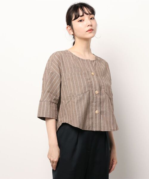 ottilie（オティーリエ）の「ノーカラーコットンリネンJK（ノーカラージャケット・レディース・ブラウン/ベージュ・FREE）」の5枚目の写真