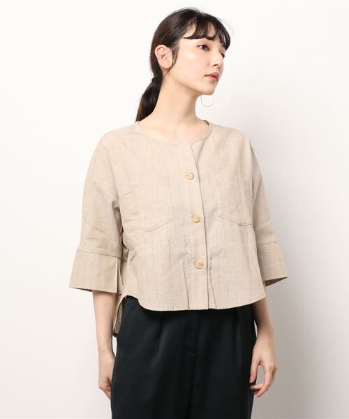 ottilie（オティーリエ）の「ノーカラーコットンリネンJK（ノーカラージャケット・レディース・ブラウン/ベージュ・FREE）」の6枚目の写真