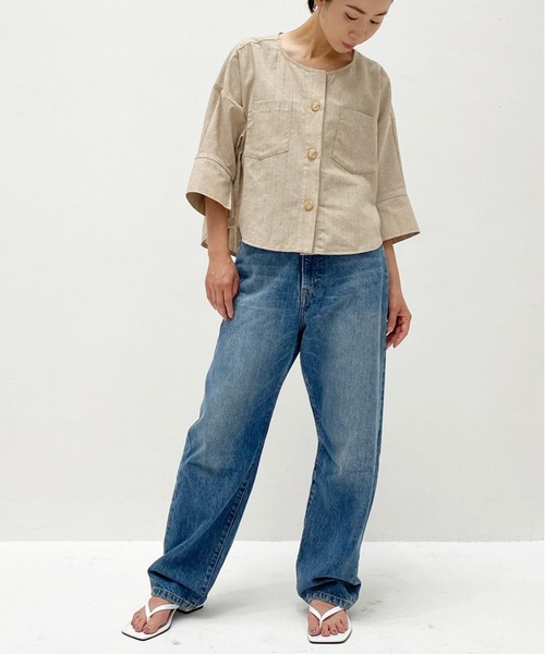 ottilie（オティーリエ）の「ノーカラーコットンリネンJK（ノーカラージャケット・レディース・ブラウン/ベージュ・FREE）」の7枚目の写真