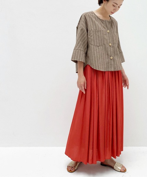 ottilie（オティーリエ）の「ノーカラーコットンリネンJK（ノーカラージャケット・レディース・ブラウン/ベージュ・FREE）」の15枚目の写真