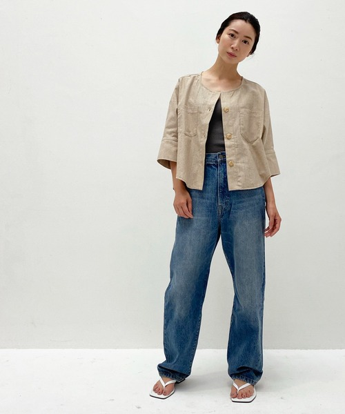 ottilie（オティーリエ）の「ノーカラーコットンリネンJK（ノーカラージャケット・レディース・ブラウン/ベージュ・FREE）」の12枚目の写真