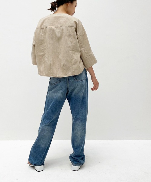 ottilie（オティーリエ）の「ノーカラーコットンリネンJK（ノーカラージャケット・レディース・ブラウン/ベージュ・FREE）」の9枚目の写真