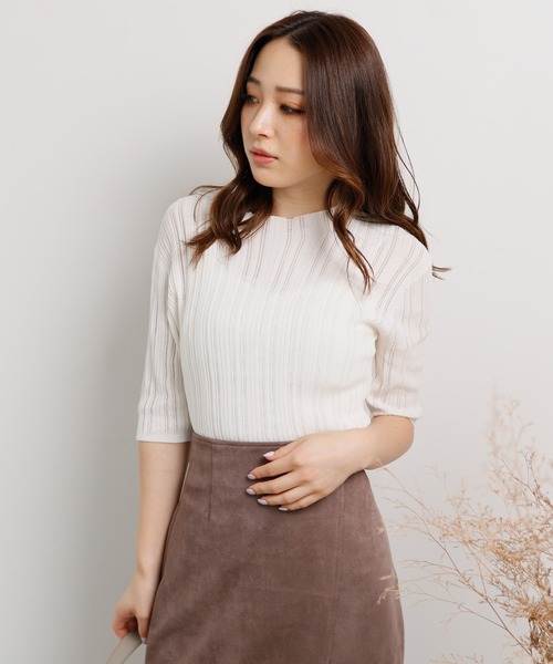 LIPSERVICE(リップサービス)の「シアーリブハーフニット(ニット/セーター・レディース・ホワイト/ブラック/ピンク/グレイッシュベージュ・FREE)」の1枚目の写真