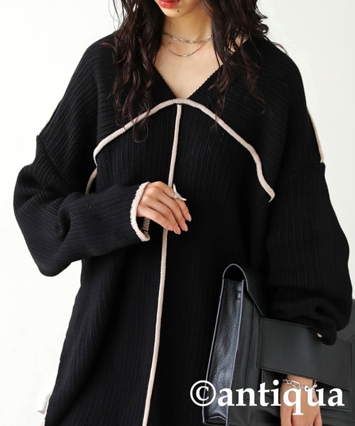 antiqua(アンティカ)の「絶妙配色!ステッチサイドスリットカットソー(Tシャツ/カットソー・レディース・カーキ/ブラック・FREE)」の18枚目の写真