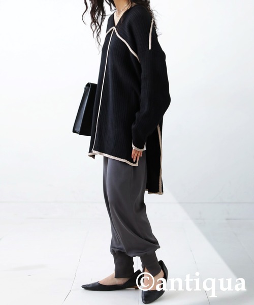antiqua(アンティカ)の「絶妙配色!ステッチサイドスリットカットソー(Tシャツ/カットソー・レディース・カーキ/ブラック・FREE)」の16枚目の写真