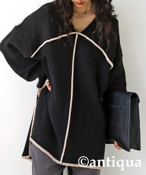 antiqua(アンティカ)の「絶妙配色!ステッチサイドスリットカットソー(Tシャツ/カットソー・レディース・カーキ/ブラック・FREE)」の14枚目の写真