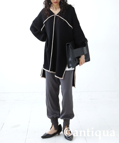 antiqua(アンティカ)の「絶妙配色!ステッチサイドスリットカットソー(Tシャツ/カットソー・レディース・カーキ/ブラック・FREE)」の15枚目の写真