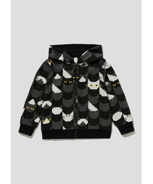 Design Tshirts Store graniph（デザイン　ティーシャツ　ストア　グラニフ）の「キャットタイル｜キッズジャカードジップパーカー（パーカー・キッズ・スミクロ・110/130）」の2枚目の写真