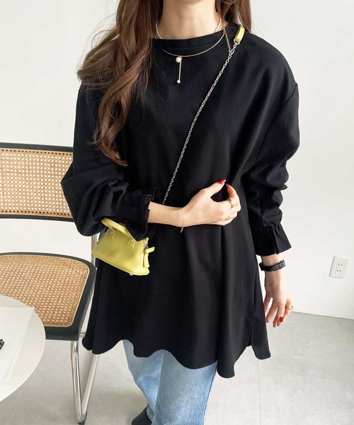 GeeRA（ジーラ）の「綿100％ポンチ袖口タックチュニック（Tシャツ/カットソー・レディース・ブラック/ブルー/サンドグレー/アイボリー/ピンク/ベビーピンク・SMALL/LARGE/X-LARGE/MEDIUM/XX-LARGE）」の2枚目の写真