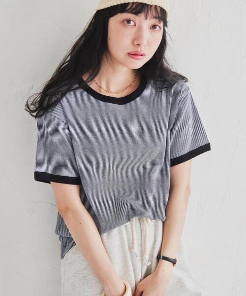 coen（コーエン）の「フライスマイクロボーダーTシャツ（Tシャツ/カットソー・レディース・ブラック/マスタード/オレンジ系その他/ライトグレー/ロイヤルブルー/ケリー・L/M）」の2枚目の写真