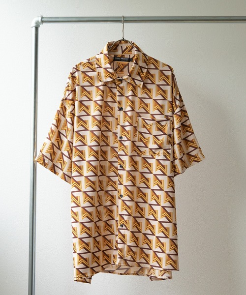 SlashDate（スラッシュデイト）の「レトロデザイン総柄プリントドレープシャツ/とろみシャツ/オーバーサイズシャツ/幾何学柄（シャツ/ブラウス・メンズ・ブラック/ベージュ/ブラウン・M/L）」の12枚目の写真