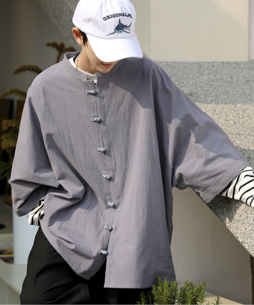 【セール】【neos -addictive design-】ビッグシルエット ノーカラー ドルマン ハーフスリーブ チャイナシャツ（シャツ/ブラウス）｜neos（ネオス）