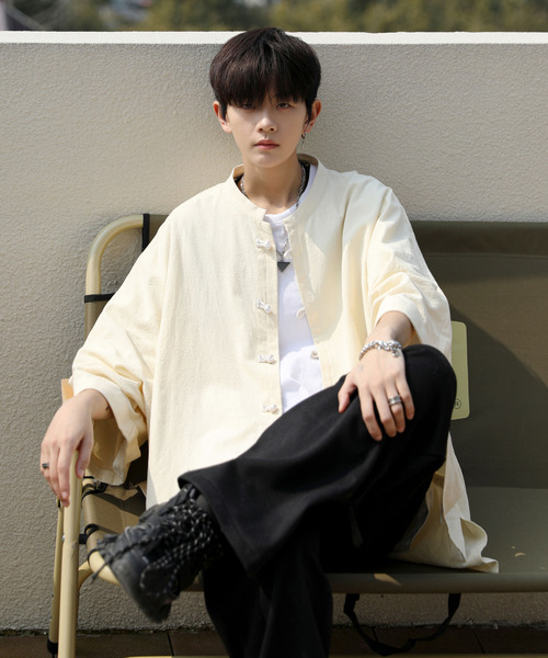 neos（ネオス）の「【neos -addictive design-】ビッグシルエット ノーカラー ドルマン ハーフスリーブ チャイナシャツ（シャツ/ブラウス・メンズ・ホワイト/ブラック/ベージュ/グレー・MEDIUM/LARGE）」の9枚目の写真